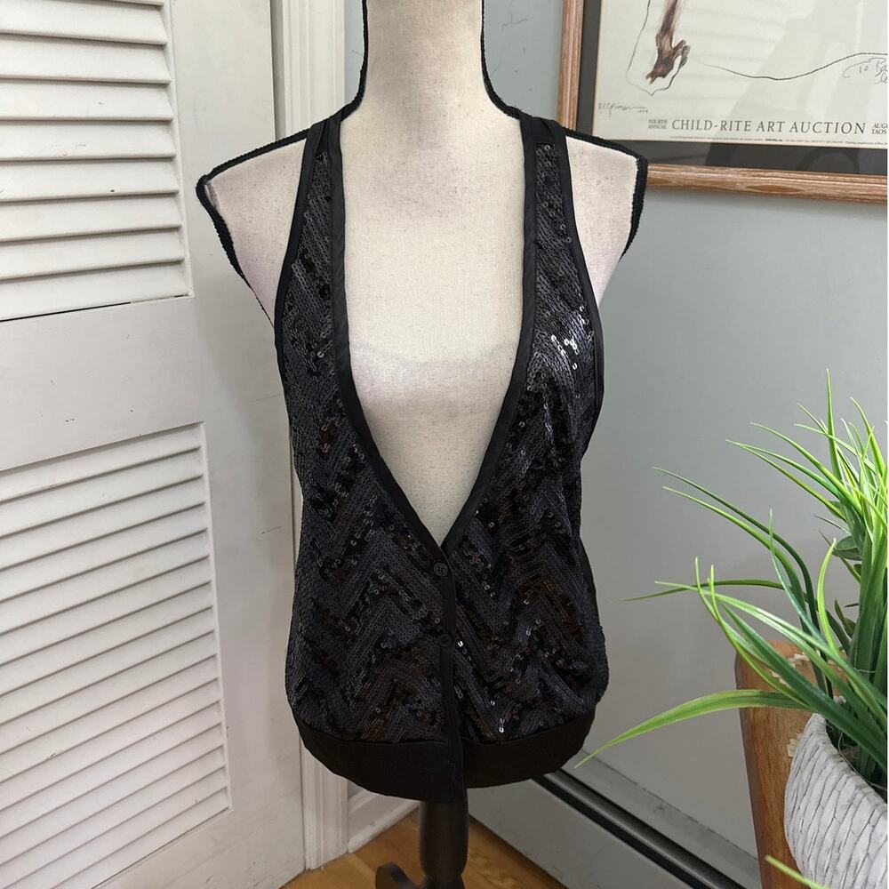 Vintage Glam Vest Womens Small Black Sequin Satin Racerback Y2K Indie Night Out